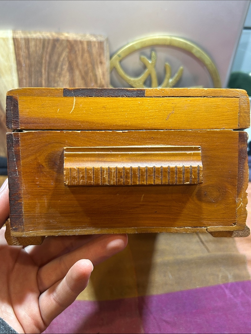 40's Vintage Wood Jewelry Trinket Box Litho Cottage Scene Carved Hinged Wooden - Picture 7 of 17